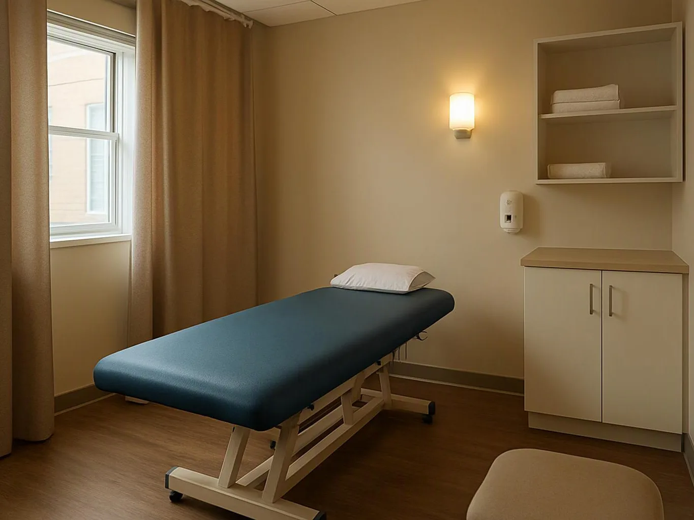 A small exam room has a treatment table, wall cabinet, window, towel shelves, and a wall light