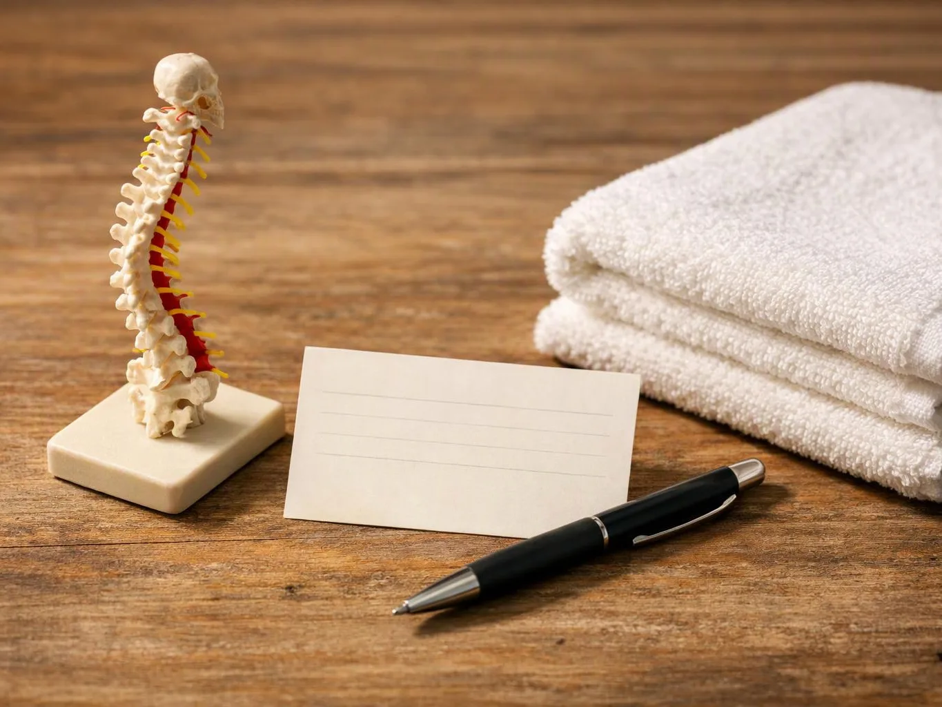 A small spine model sits beside folded white towels, a blank card, and a pen on a wooden table