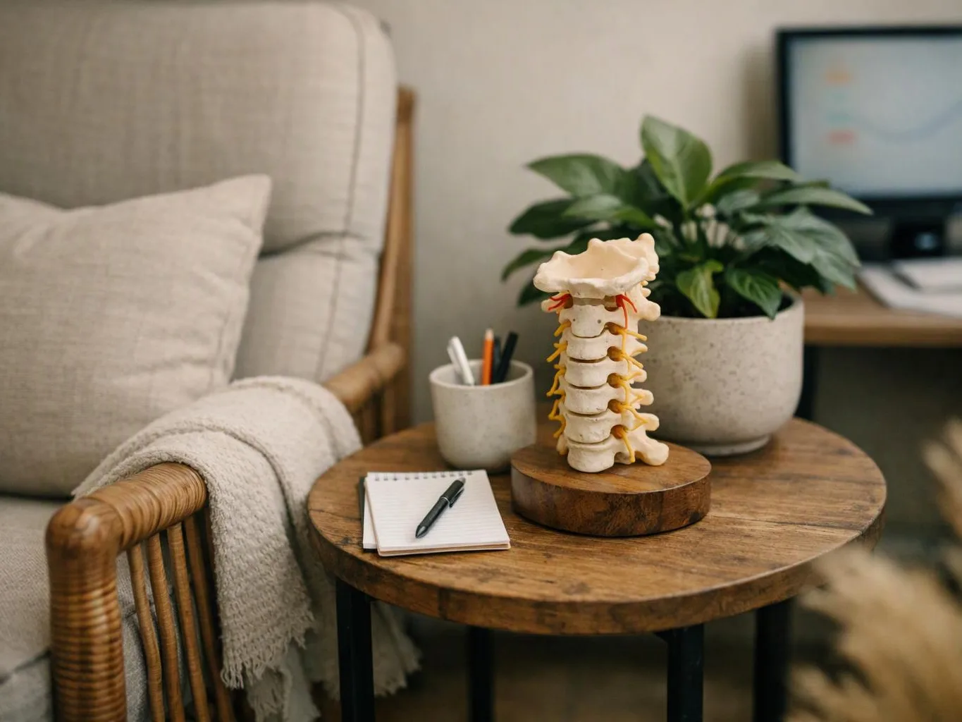 A small spine model sits on a wooden side table beside a notebook, pen, plant, and chair in a cozy room