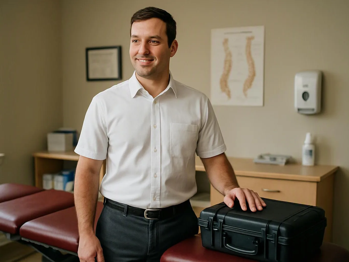 A smiling man in a white shirt stands beside a black case in a medical exam room
