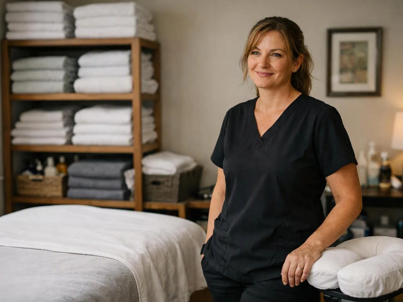 A smiling woman in black scrubs stands beside a massage table in a tidy treatment room