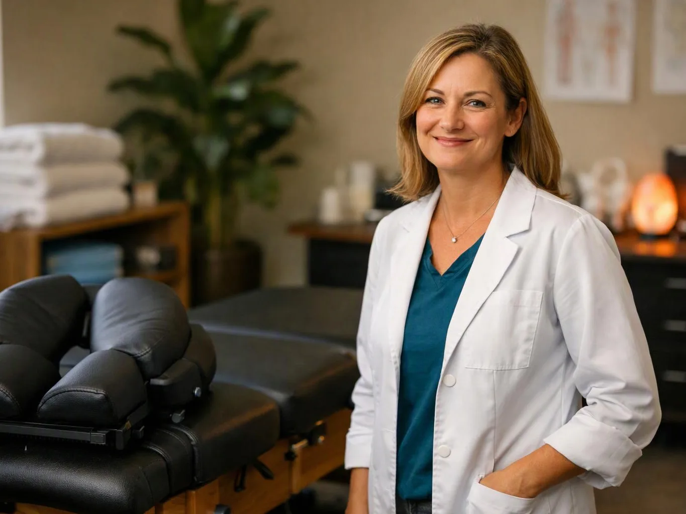 A smiling woman in a white coat stands beside a massage table in a calm treatment room