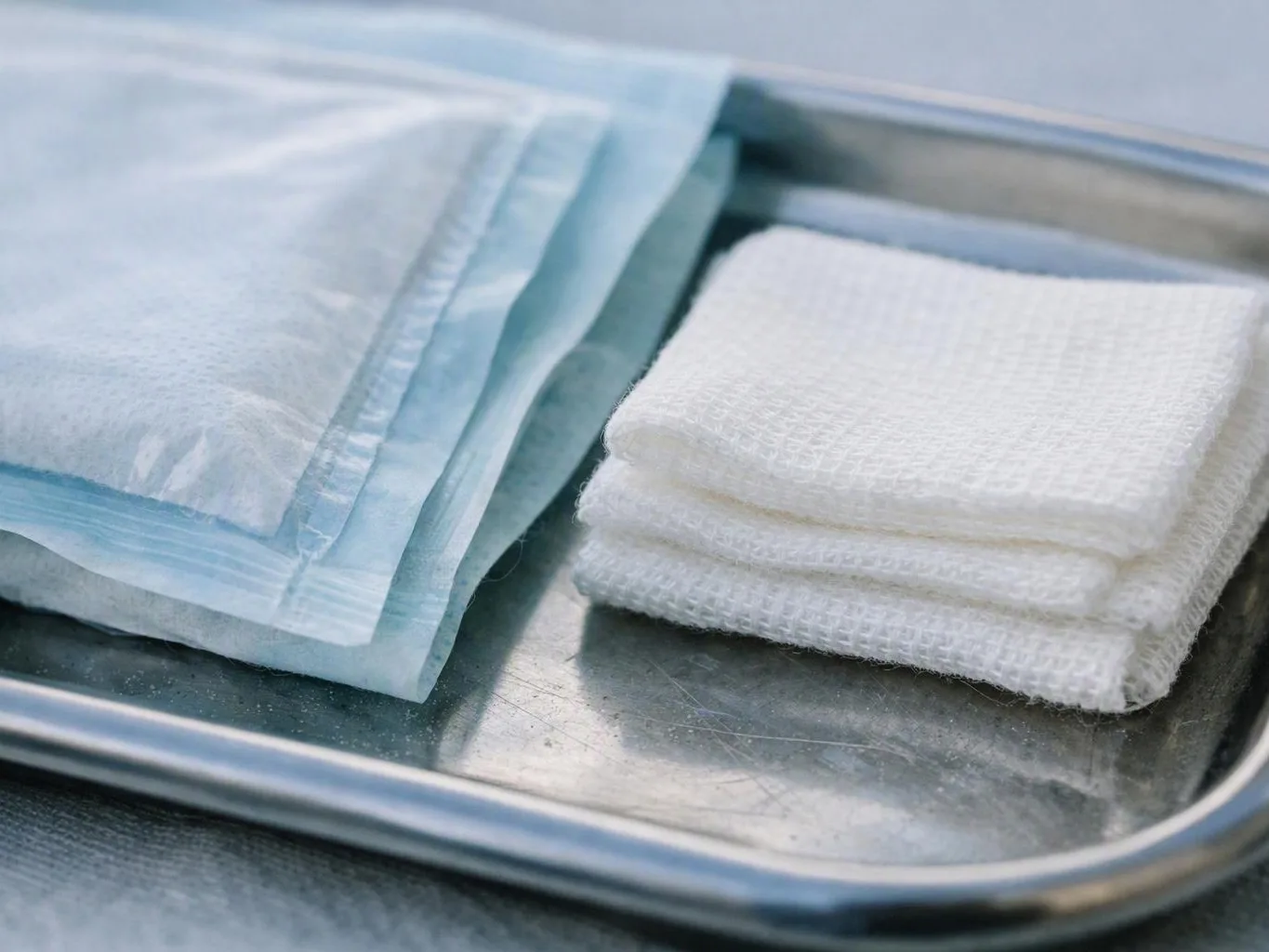 Sterile gauze pads and sealed medical pouches rest on a metal tray