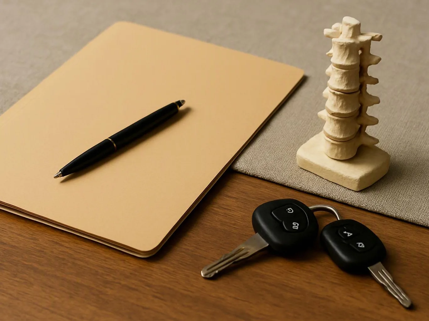 A tan notebook with a black pen sits beside a small spine model and two car keys on a wooden table