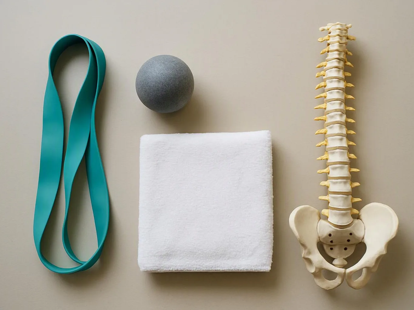 A teal resistance band, gray ball, folded white towel, and spine model lie on a beige surface
