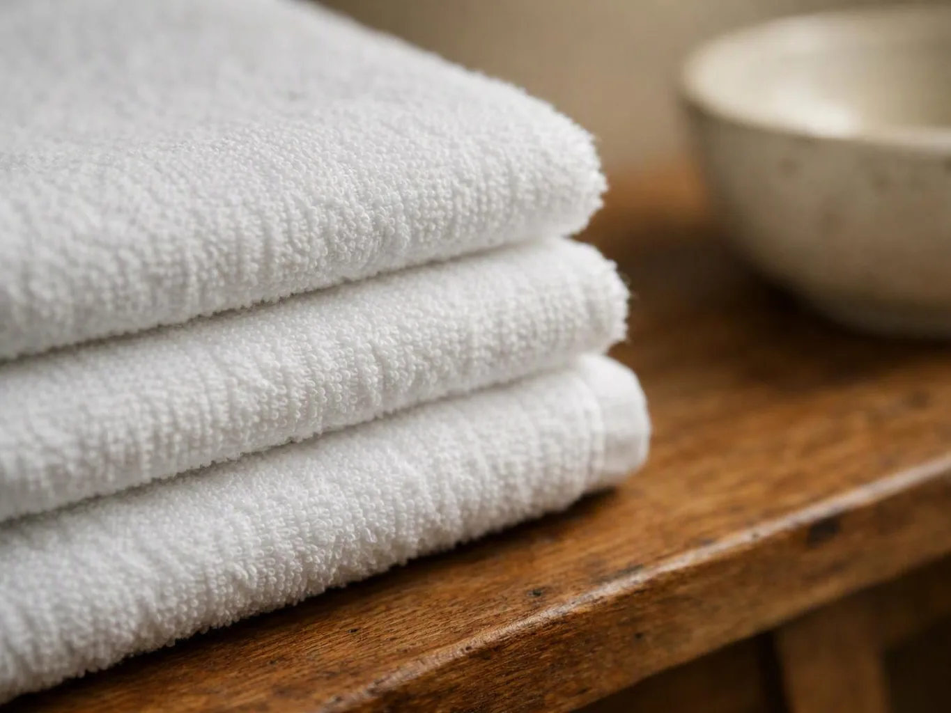 Three folded white towels sit on a wooden shelf beside a blurred bowl