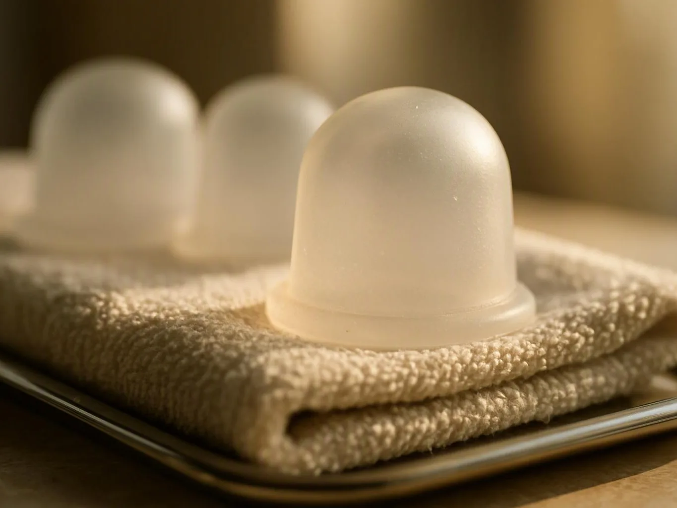 Three translucent silicone cups rest on folded beige towels in a metal tray