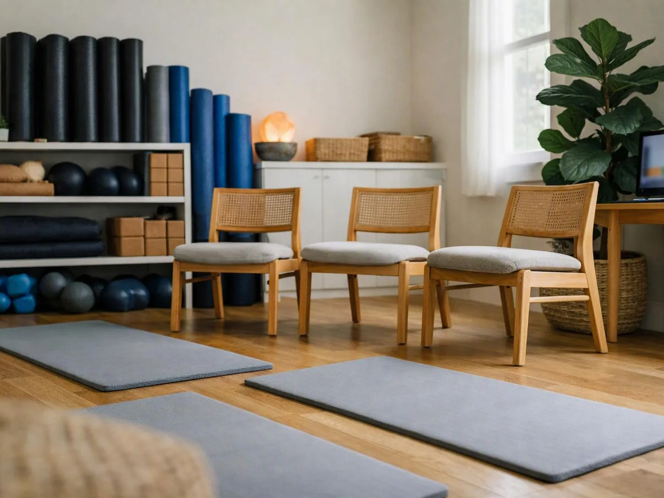 Three wooden chairs sit in a bright yoga studio with mats, exercise props, and rolled foam behind them