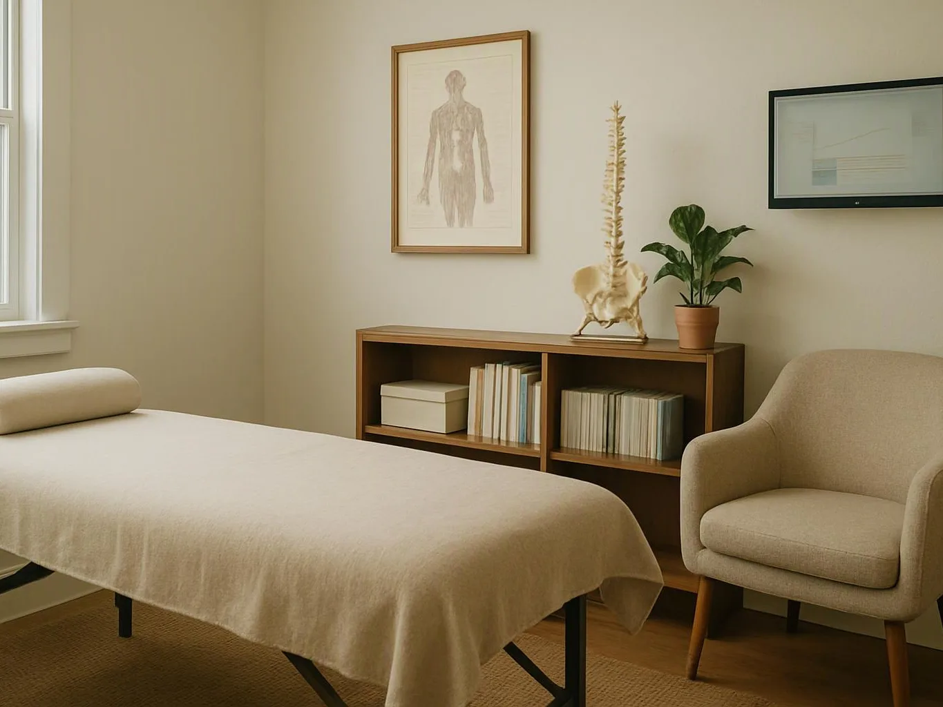 A tidy treatment room shows a covered massage table, bookshelves, framed wall art, a plant, and a beige armchair