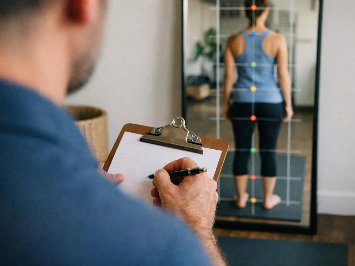 A trainer writes on a clipboard while a woman stands facing a mirror in a workout studio