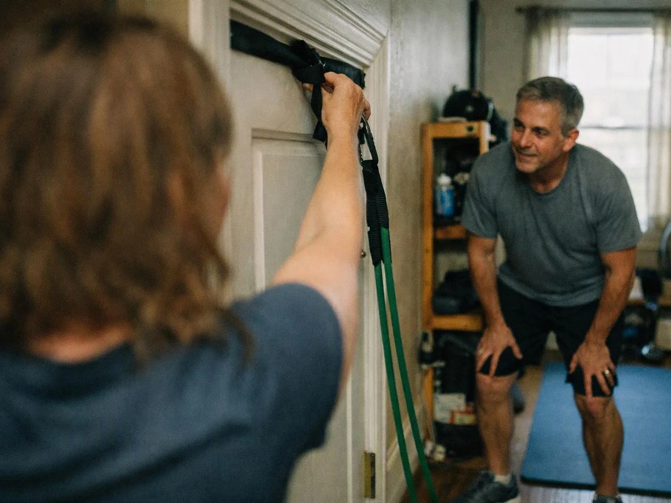 Two adults exercise indoors, one holds resistance bands on a door while the other bends forward and rests hands on knees