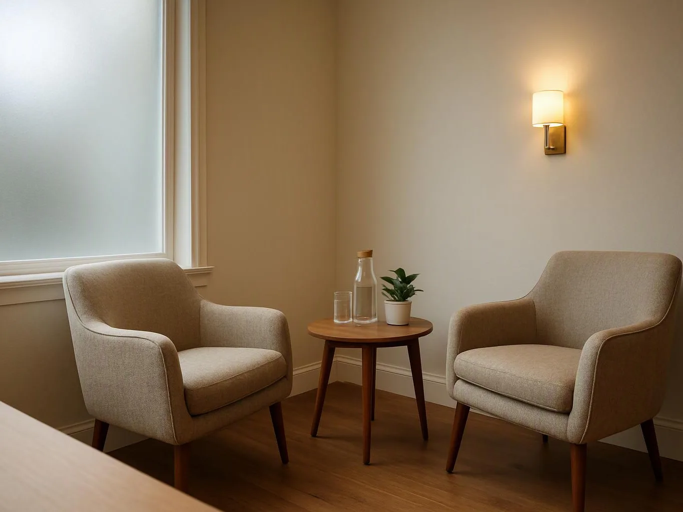Two beige armchairs face a small round table with a bottle, glass, and plant in a quiet room