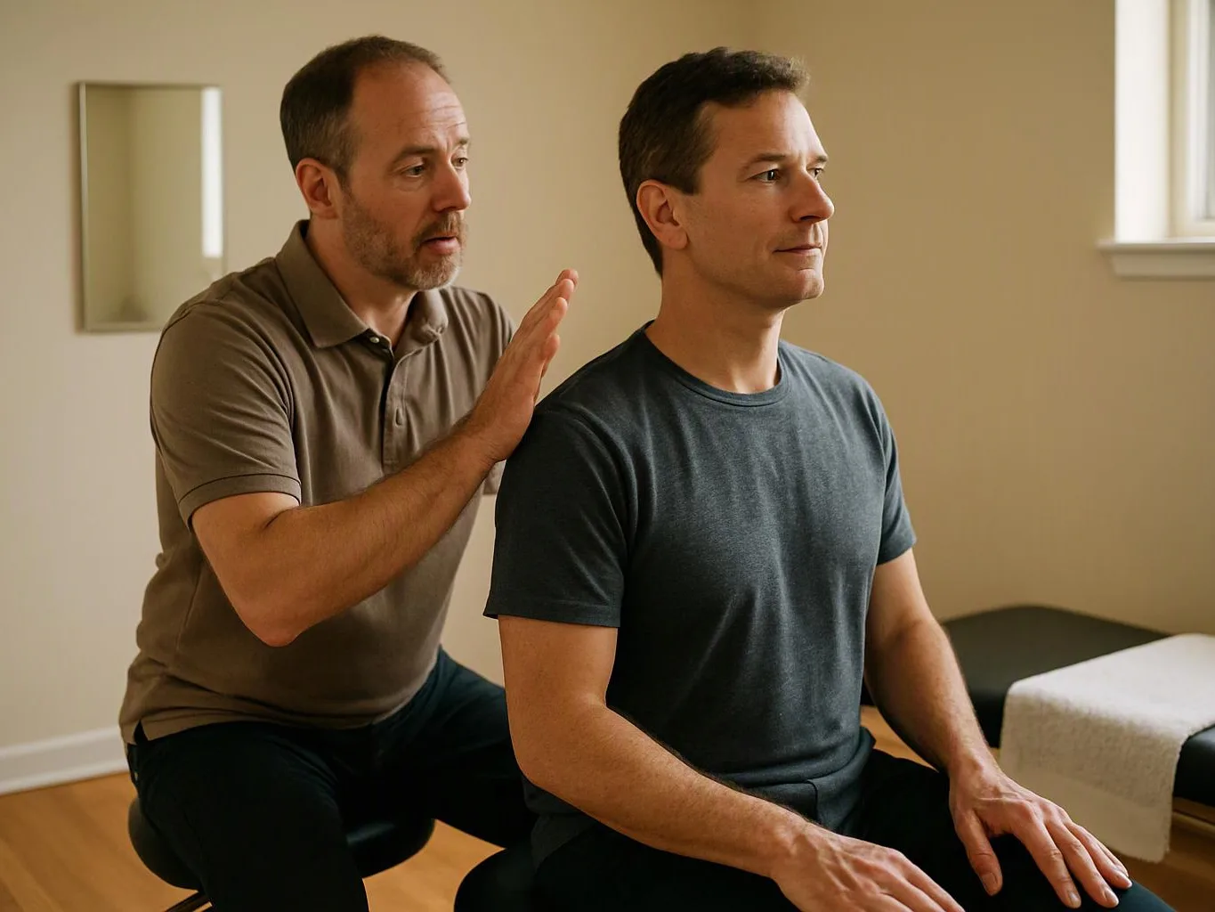 Two men sit in a bright room, one gently touching the other’s shoulder as if giving guidance