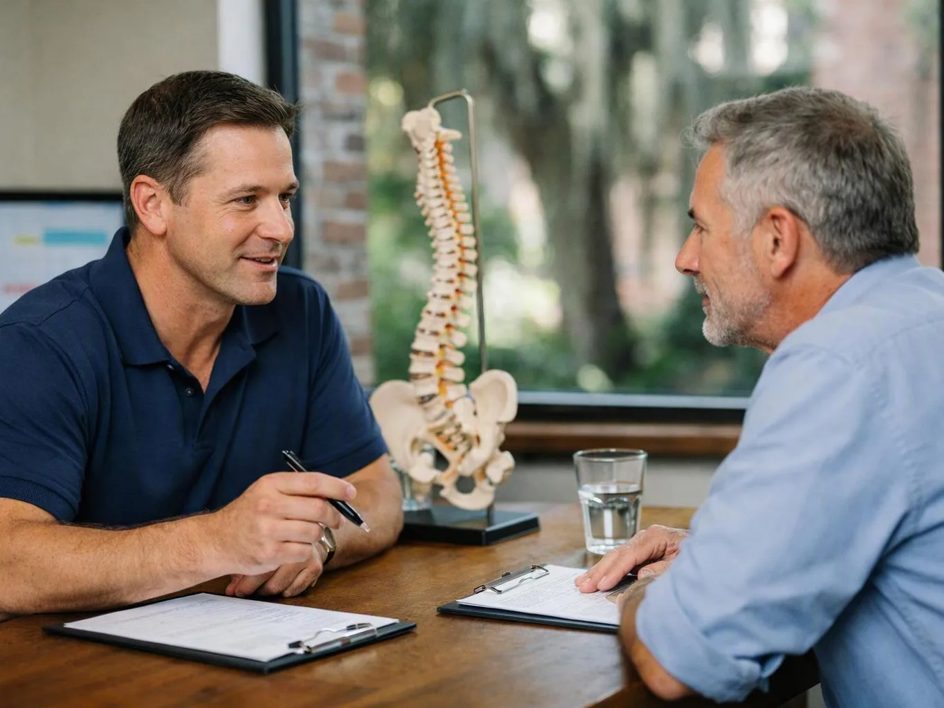 Two men talk across a table, with a spine model, clipboards, and a glass of water beside them