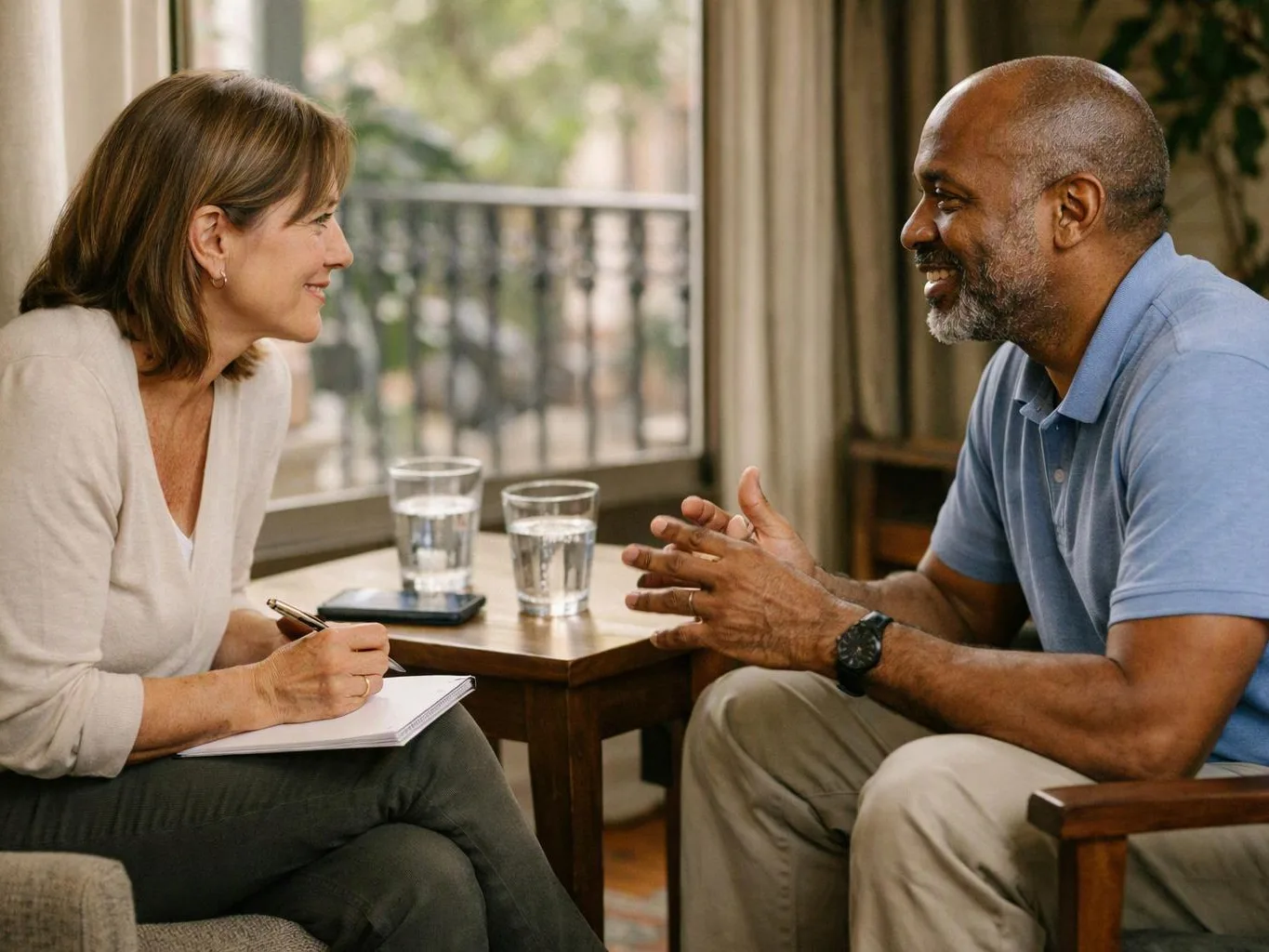 Two people sit across a small table, smiling and talking while a notebook, pen, phone, and water glasses sit between them