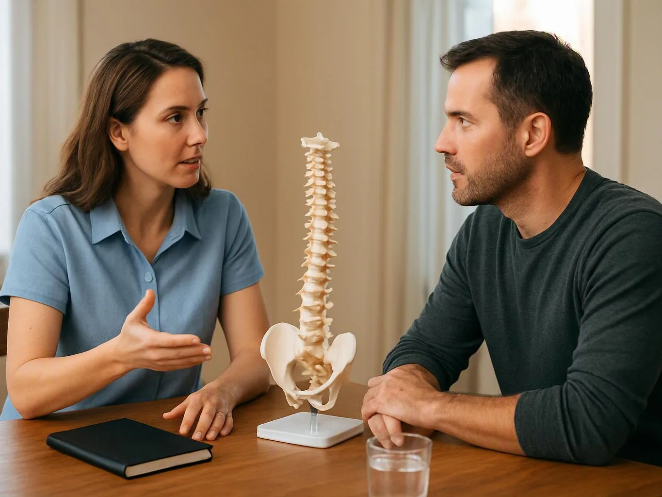 Two people sit at a table, talking beside a spine model in a bright room