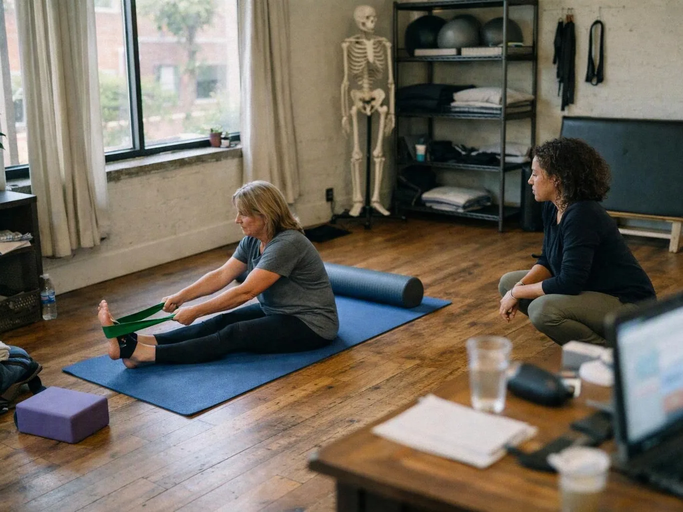 Two women practice stretching on mats in a sunlit studio with a skeleton model and exercise equipment