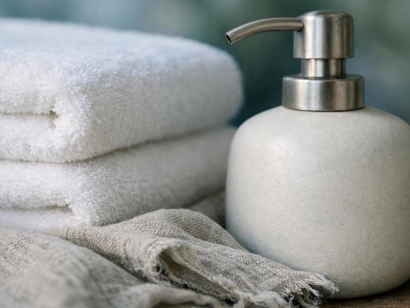 A white soap dispenser sits beside folded towels and a gray cloth on a soft, blurred surface