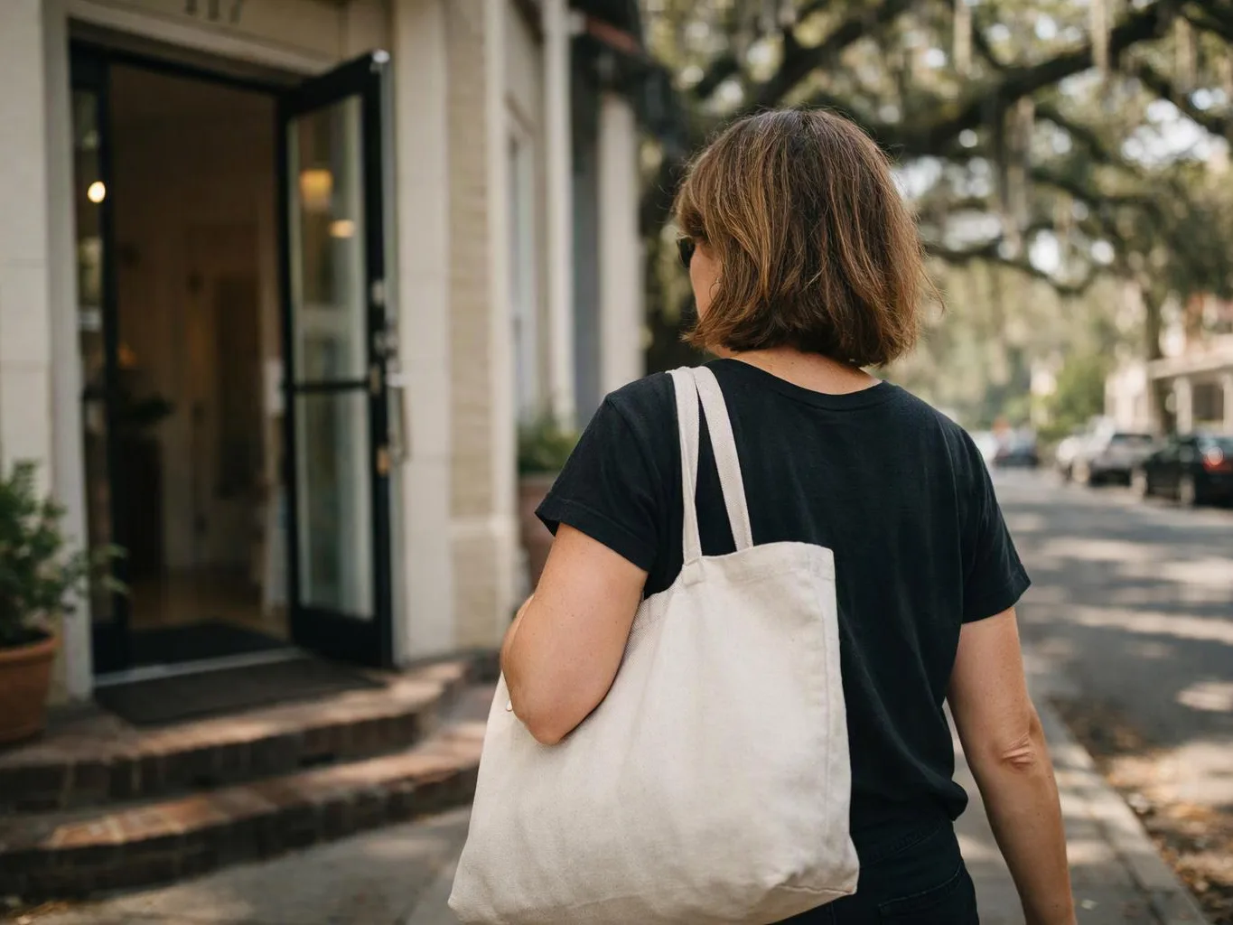 A woman in a black shirt walks past an open doorway, carrying a white tote bag on a sunny street