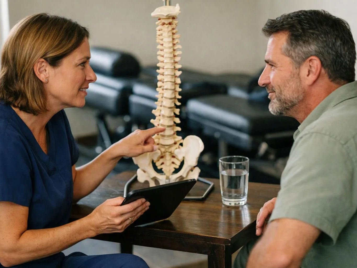 A woman in scrubs points at a spine model while talking with a seated man at a table