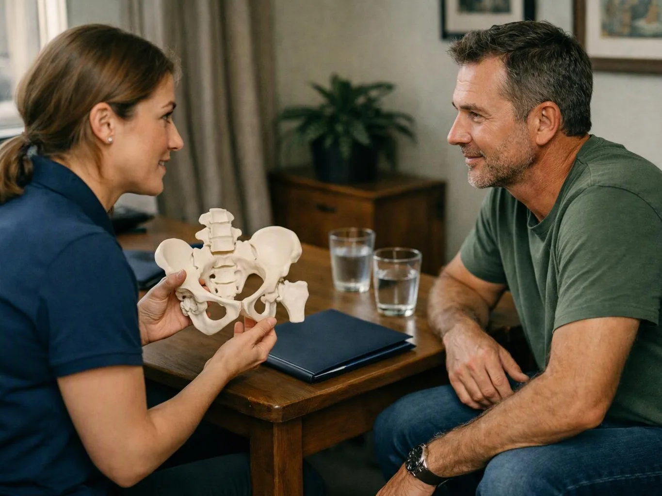 A woman shows a pelvis model to a seated man during a conversation at a table in a living room
