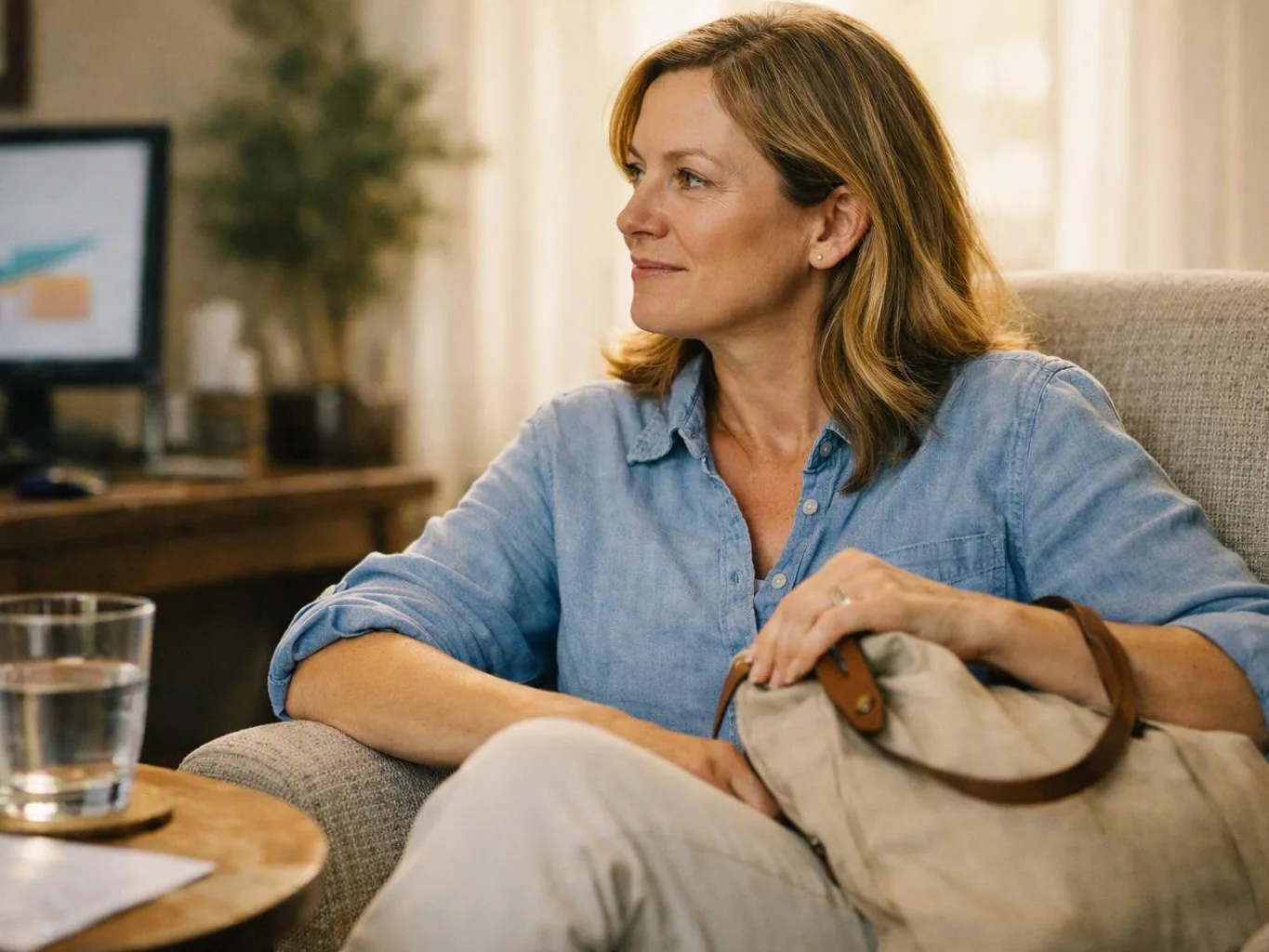 A woman sits in a chair holding a beige bag in a softly lit living room