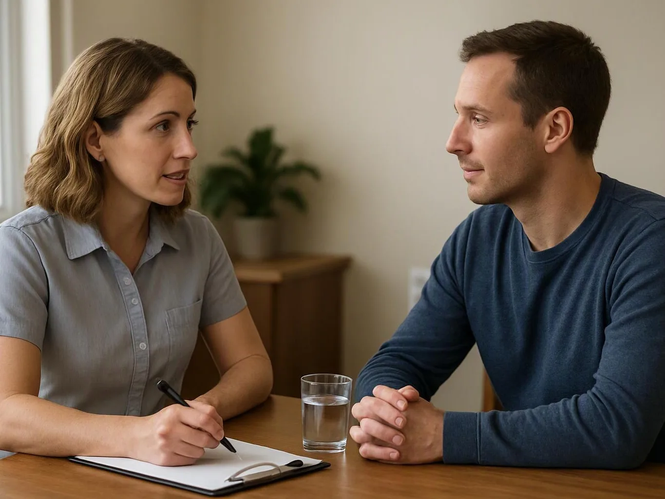 A woman takes notes while talking with a man across a table in a quiet room