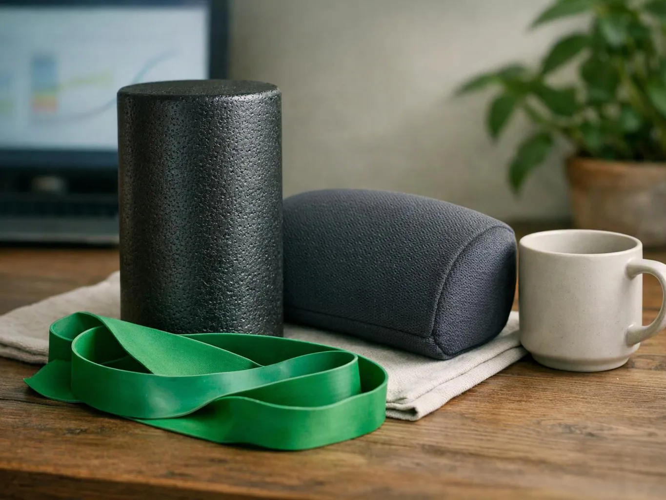 A yoga mat, foam roller, block, resistance band, and mug sit on a wooden table in a home setting